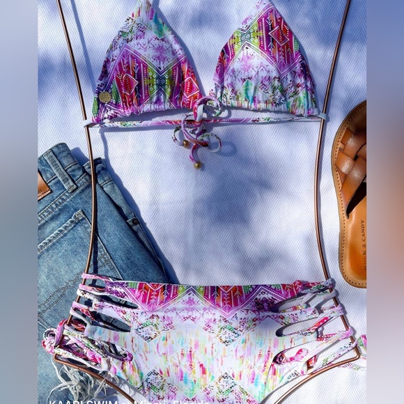 Boho Chic High Waisted Cut Out Side Tie Beaded Tassels Cheeky Bikini Bottom NWT - Picture 2 of 11